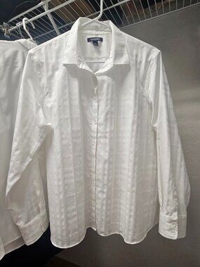 Lands' End No Iron Pinpoint Oxford Shirt - White on White Plaid - Size 18P